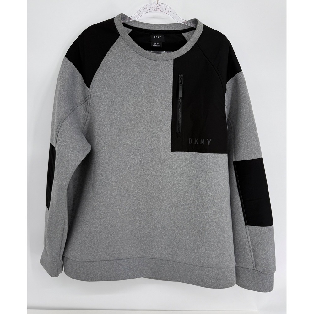 DKNY Mens Gray Black Tech Fleece Colorblock Sweatshirt Zip Pocket Sz XXL